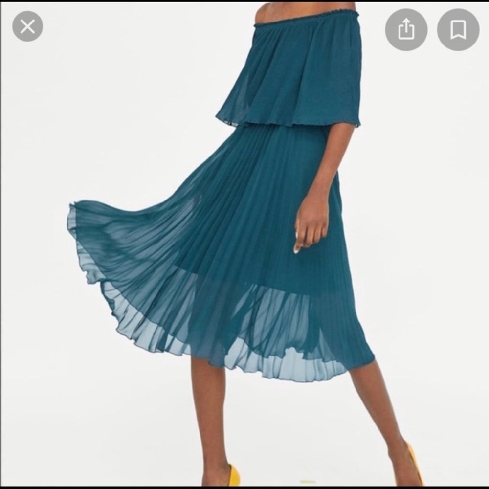 Zara Teal Off-Shoulder Pleated Midi Dress